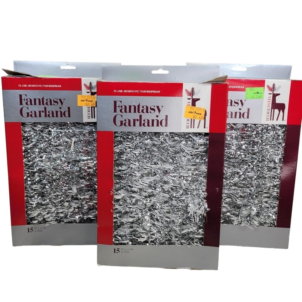 Velvetouch Fantasy Garland Christmas Silver Tinsel 15ft Lot of 3 Flame Resistant